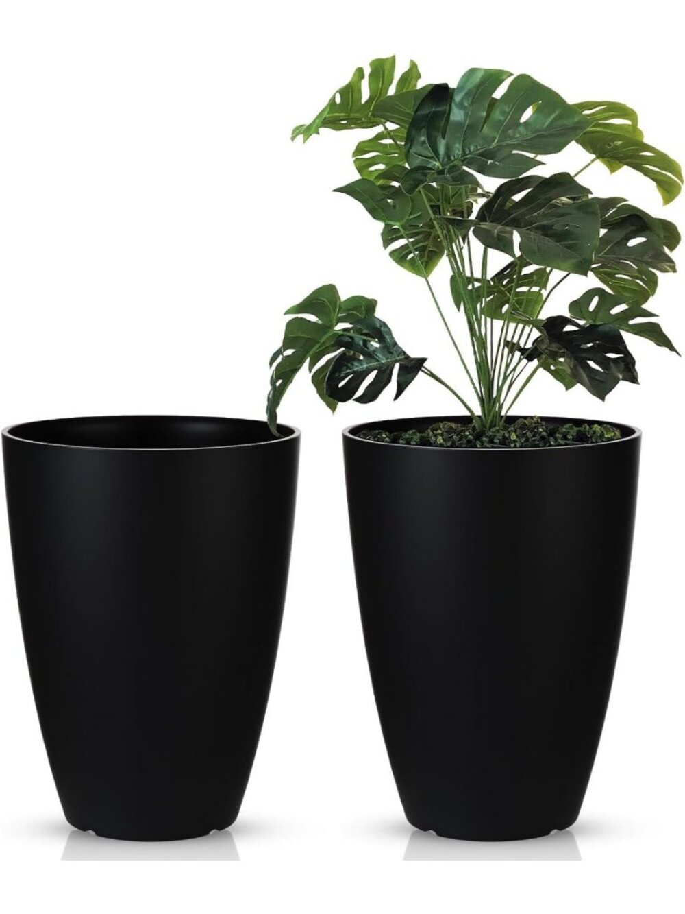 Set of 2 Black 14" Round Resin Planters with Drainage for Indoor/Outdoor Decor